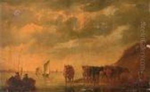 A River Landscape With Fishermen In A Boat And Cattle Watering By A Bank by Aelbert Cuyp