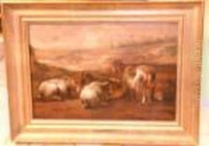 Goats And Sheep At Rest In A Mountain Landscape by Aelbert Cuyp