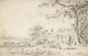Un Troupeau De Vaches Pres D'une Riviere, Des Voyageurs Dans Lefond by Aelbert Cuyp