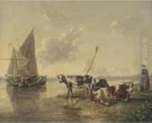 Landscape With Cattle And A Dairy Maid, Small Craft On A River Beyond by Aelbert Cuyp