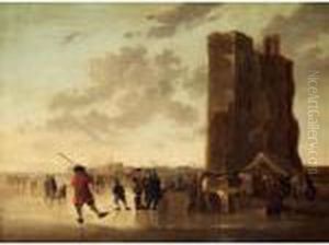 A Winter River Landscape With Skaters Before The Huis Te Merwede Near Dordrecht by Aelbert Cuyp