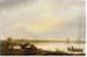 An Extensive River Landscape
With Fishermen In A Boat, And Cows And Three Boys Standing On The Land by Aelbert Cuyp