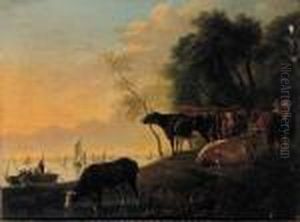 Cowherds And Cattle On A Riverbank On A Summer's Day