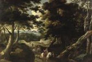 A Forest Landscape With An Elegant Company On A Falcon Hunt by Jaques D'Arthois
