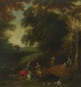 Diana Mit Ihren Gefahrtinnen Und Jagdhunden Bei Der Rast In Waldlandschaft. by Jaques D'Arthois