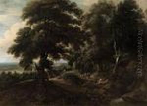 A Wooded Landscape With Travellers On A Track by Jaques D'Arthois