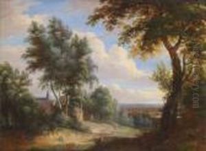 Hugelige Landschaft Miteinem Dorf Zwischen Baumen Und Weitem Ausblick