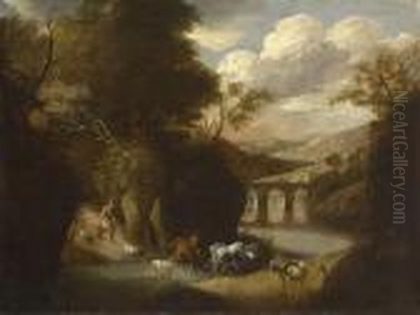 Hirte Mit Herde In Flusslandschaft - view 1