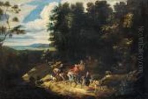 A Wooded Landscape With A Hunting Party On A Country Path A Wooded Landscape With A Hunting Party On A Country Path