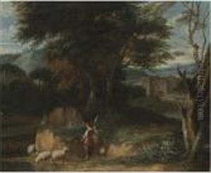 A Wooded Landscape With A Shepherdess Tending Her Flock, A Castlebeyond A Wooded Landscape With A Shepherdess Tending Her Flock, A Castlebeyond