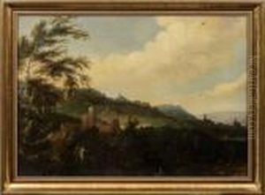 Bewaldetehugellandschaft Mit Wanderern Vor Einer Burg by Jaques D'Arthois
