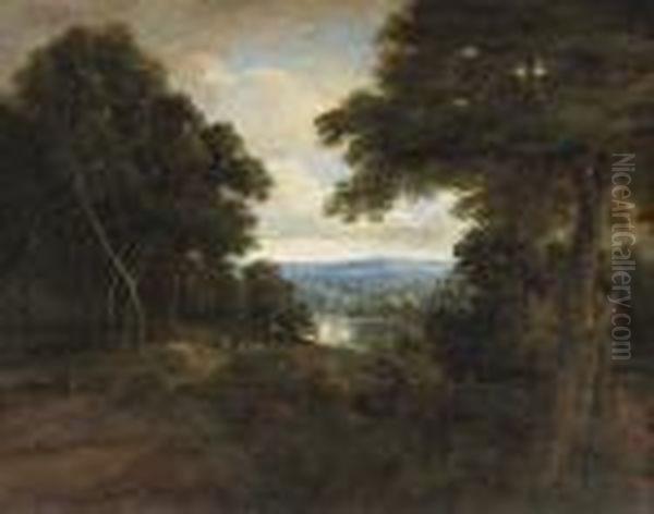 An Extensive Wooded Landscape With Travellers On A Path - view 1