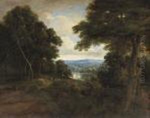 An Extensive Wooded Landscape With Travellers On A Path An Extensive Wooded Landscape With Travellers On A Path