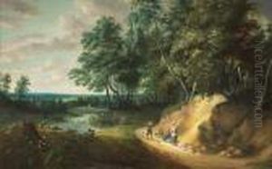 An Extensive Wooded Landscape With Figures Conversing On A Path by Jaques D'Arthois