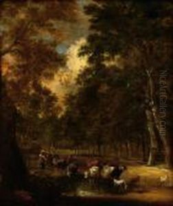 Two Figures With Cows In A Wooded Landscape by Jaques D'Arthois