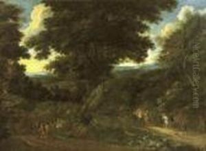 A Wooded Landscape With Travellers On Horseback by Jaques D'Arthois