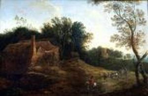 Travellers On A Path Near A Farm And A Church