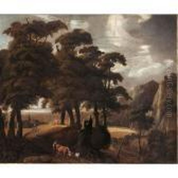 A Wooded Landscape With A
Peasant And His Herd Together With Other Travellers On A Path, A Village
In The Background - view 1