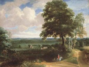 A Panoramic Landscape With A 
Huntsman On A Path And A Manor House With Formal Gardens Beyond