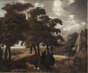 Wooded Landscape With A Peasant
And His Herd Together With Other Travellers On A
Path A Village In The Background by Jaques D'Arthois