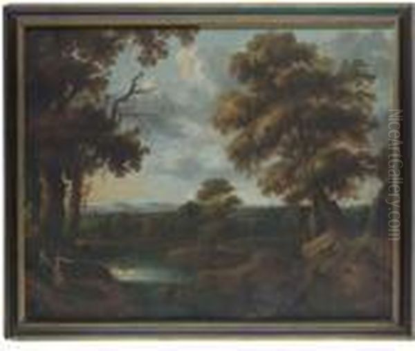 A Wooded River Landscape With Exotic Figures Gesturing Andshepherds, Mountains Beyond - view 1