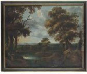 A Wooded River Landscape With Exotic Figures Gesturing Andshepherds, Mountains Beyond by Jaques D'Arthois