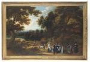 Group Portrait Of A Family In A Wooded Landscape With A Lake Andcastle Beyond by Jaques D'Arthois