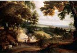 A Wooded Landscape With
Huntsmen, Drovers And Cattle On A Track In The Foreground, A Church In
The Distance A Wooded Landscape With
Huntsmen, Drovers And Cattle On A Track In The Foreground, A Church In
The Distance