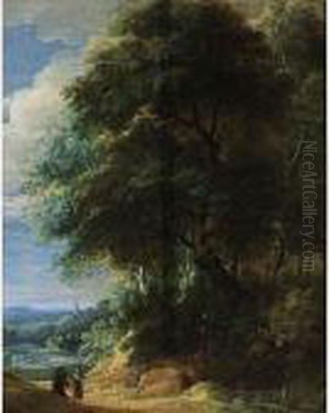 A Wooded Landscape With Two Travellers Conversing On A Path - view 1