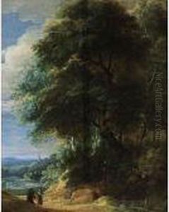 A Wooded Landscape With Two Travellers Conversing On A Path by Jaques D'Arthois