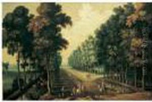 Cavaliers Dans Une Allee Bordee D'arbres by Jaques D'Arthois
