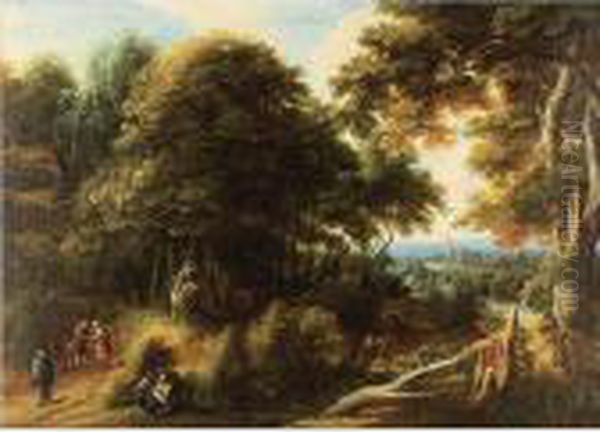 Extensive Landscape With Travelers And A Town In A Distance - view 1
