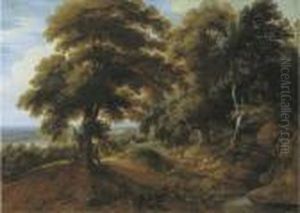 A Wooded Landscape With Elegant Figures On A Path by Jaques D'Arthois