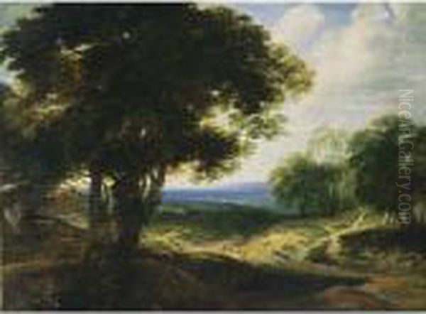An Extensive Wooded Landscape 
With Travellers Resting On A Path And A Horse- Drawn Cart On The Left - view 1