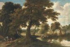A Wooded Village Landscape With A
 Drover And His Cattle Crossing A Ford And Figures On A Track