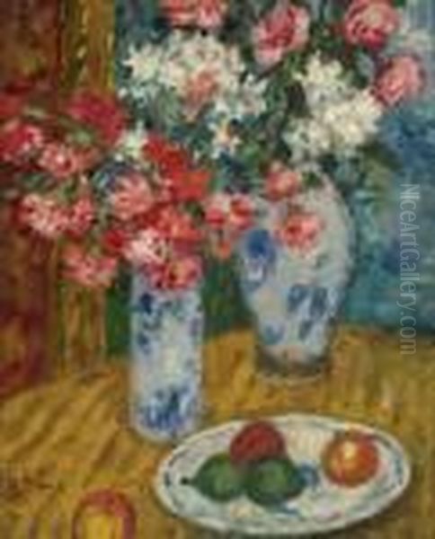 Fruits Et Deux Vases De Fleurs - view 1