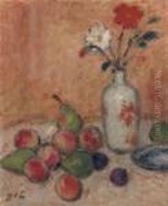 Peches, 
Poires Au Vase Fleuri