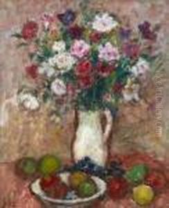Nature Morte Au Bouquet De Fleurs Et Coupe De Fruits by Georges dEspagnat