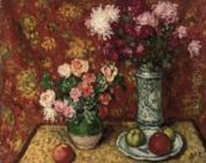 Pommes Et Vase De Fleurs by Georges dEspagnat