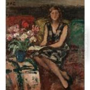 Femme Au Bouquet Des Fleurs Dans L'interieur by Georges dEspagnat