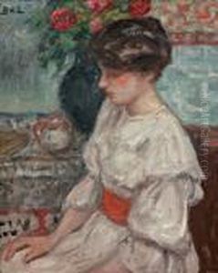 Portrait De Jeune Fille A La Robe Blanche Et A La Ceinture Rouge