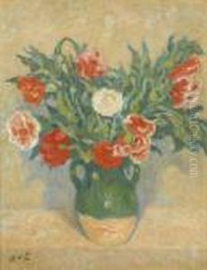Stillleben Mit Pfingstrosen In Braun-gruner Vase. Stillleben Mit Pfingstrosen In Braun-gruner Vase.