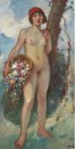 Jeune Fille A La Corbeille De Roses by Georges dEspagnat
