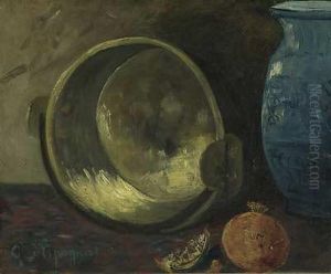 Stilleben Mit Messingschale, Keramikvase Und Granatapfel by Georges dEspagnat