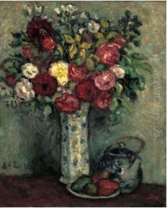 Bouquet De Roses, Theiere Et Assiette De Fruits by Georges dEspagnat