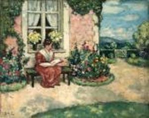 Femme Assise Sur Un Banc Dans Un Jardin by Georges dEspagnat