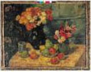 Nature Morte Aux Pommes, Poires Et Fleurs. by Georges dEspagnat