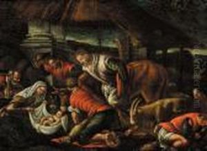 Nativita' E Paesaggio Con Figure Ed Armenti by Jacopo Bassano (Jacopo da Ponte)