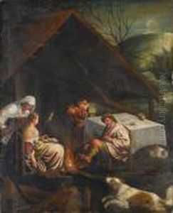 Peasants Round A Fire In A Nocturnallandscape by Jacopo Bassano (Jacopo da Ponte)