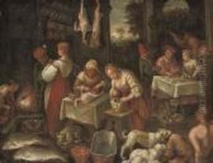 Maids Preparing Food In A Kitchen, Elegant Company At A Tablebeyond by Jacopo Bassano (Jacopo da Ponte)